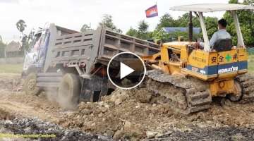 Incredible Dump Trucks Stuck In Dirt Processing and Recovery By Powerful Bulldozer KOMATSU D20P