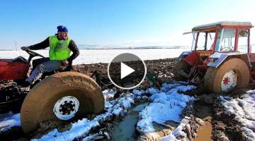Epic rescue mission. Old tractor stuck in mud&snow-Tractor UTB 650 & Rescue tractor Renault 891 4