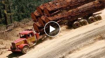 Dangerous Biggest Logging Truck Climbing Skill Fastest Crossing Wooden Bridges and High Steep Hi...
