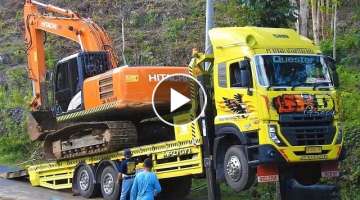 Excavator Transport Delivery Hitachi Zaxis 200 With Quester Self Loader Truck