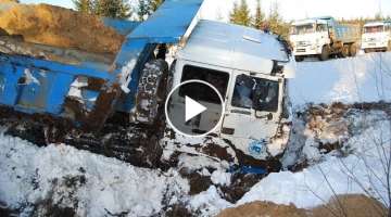 Amazing Truck Driving Skills Crossing Dangerous Roads - Big Truck Stuck on Mud & Snowy Roads