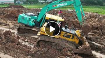 Excavator Recovery Bulldozer deep in mud Working Super many Machine
